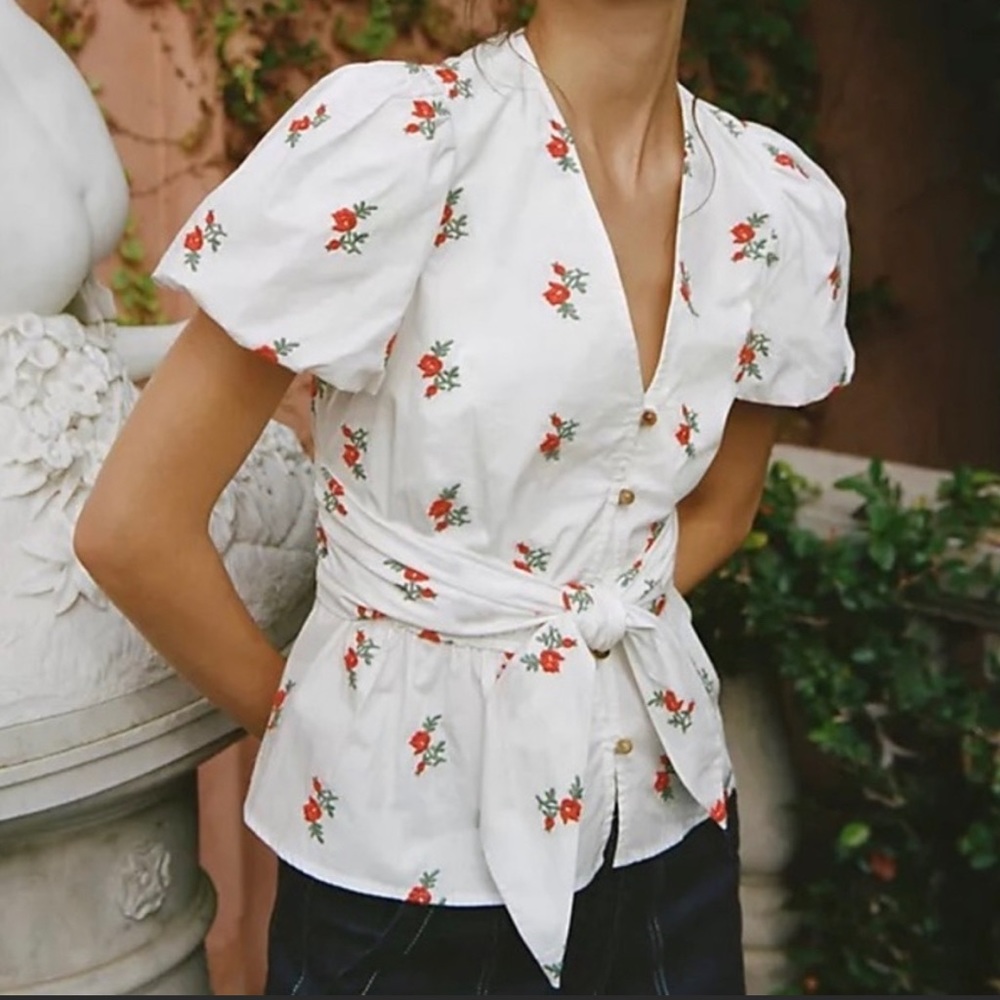 Maeve Anthropology White and Red Floral Top